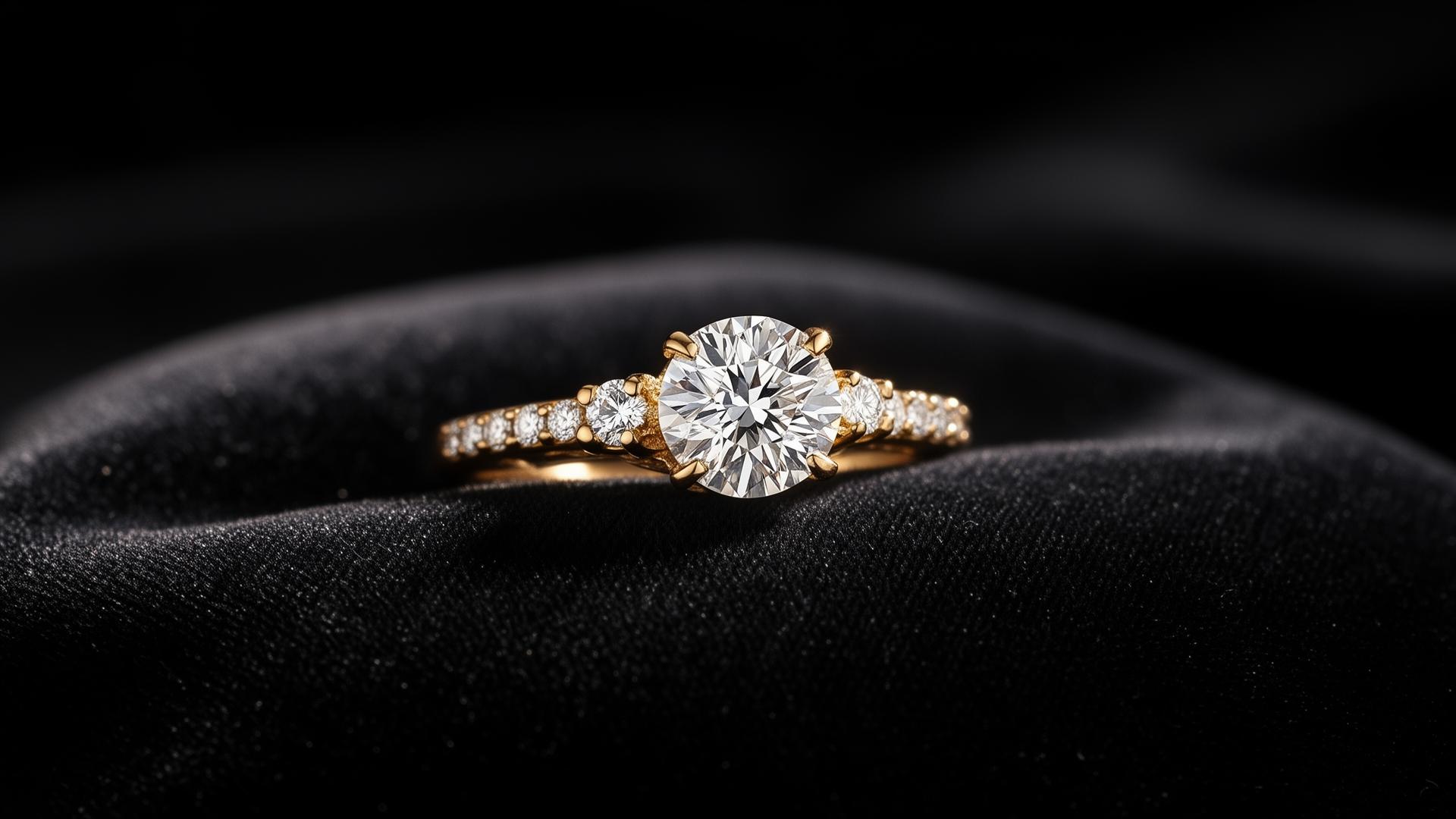 Gold diamond ring on black velvet